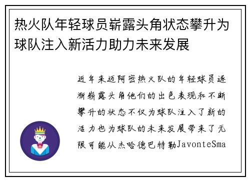 热火队年轻球员崭露头角状态攀升为球队注入新活力助力未来发展