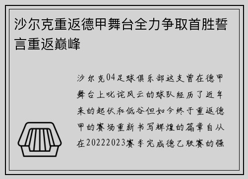 沙尔克重返德甲舞台全力争取首胜誓言重返巅峰