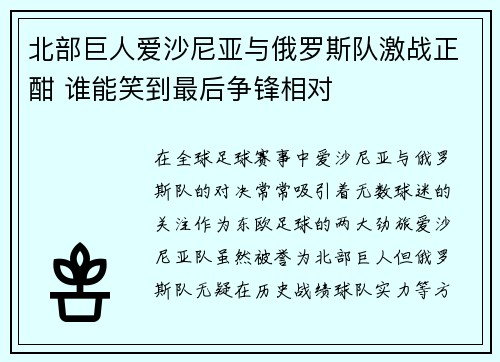 北部巨人爱沙尼亚与俄罗斯队激战正酣 谁能笑到最后争锋相对