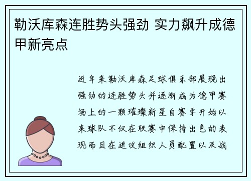 勒沃库森连胜势头强劲 实力飙升成德甲新亮点