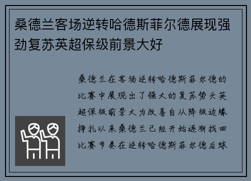 桑德兰客场逆转哈德斯菲尔德展现强劲复苏英超保级前景大好