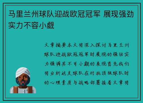 马里兰州球队迎战欧冠冠军 展现强劲实力不容小觑